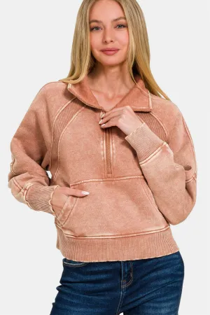 Acid Washed Half Zip Fleece Sweatshirt in Rust