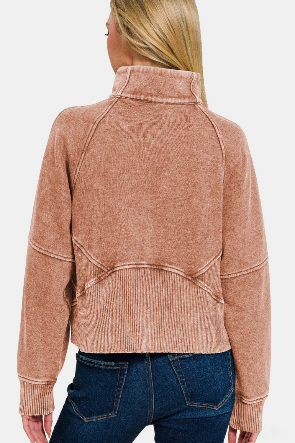 Acid Washed Half Zip Fleece Sweatshirt in Rust