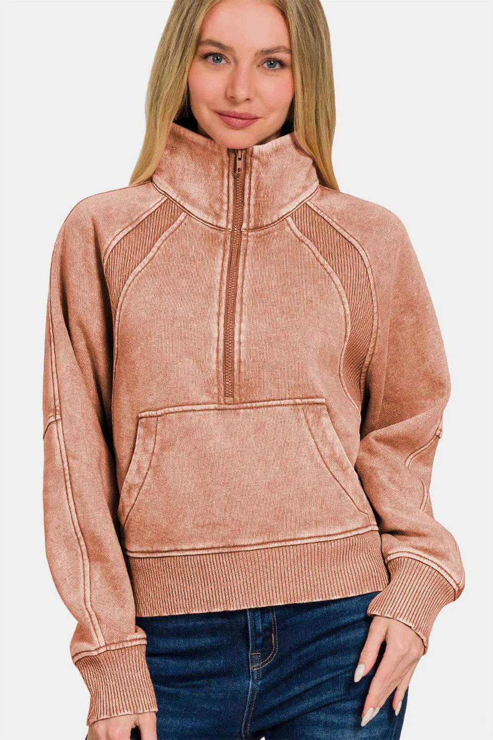 Acid Washed Half Zip Fleece Sweatshirt in Rust