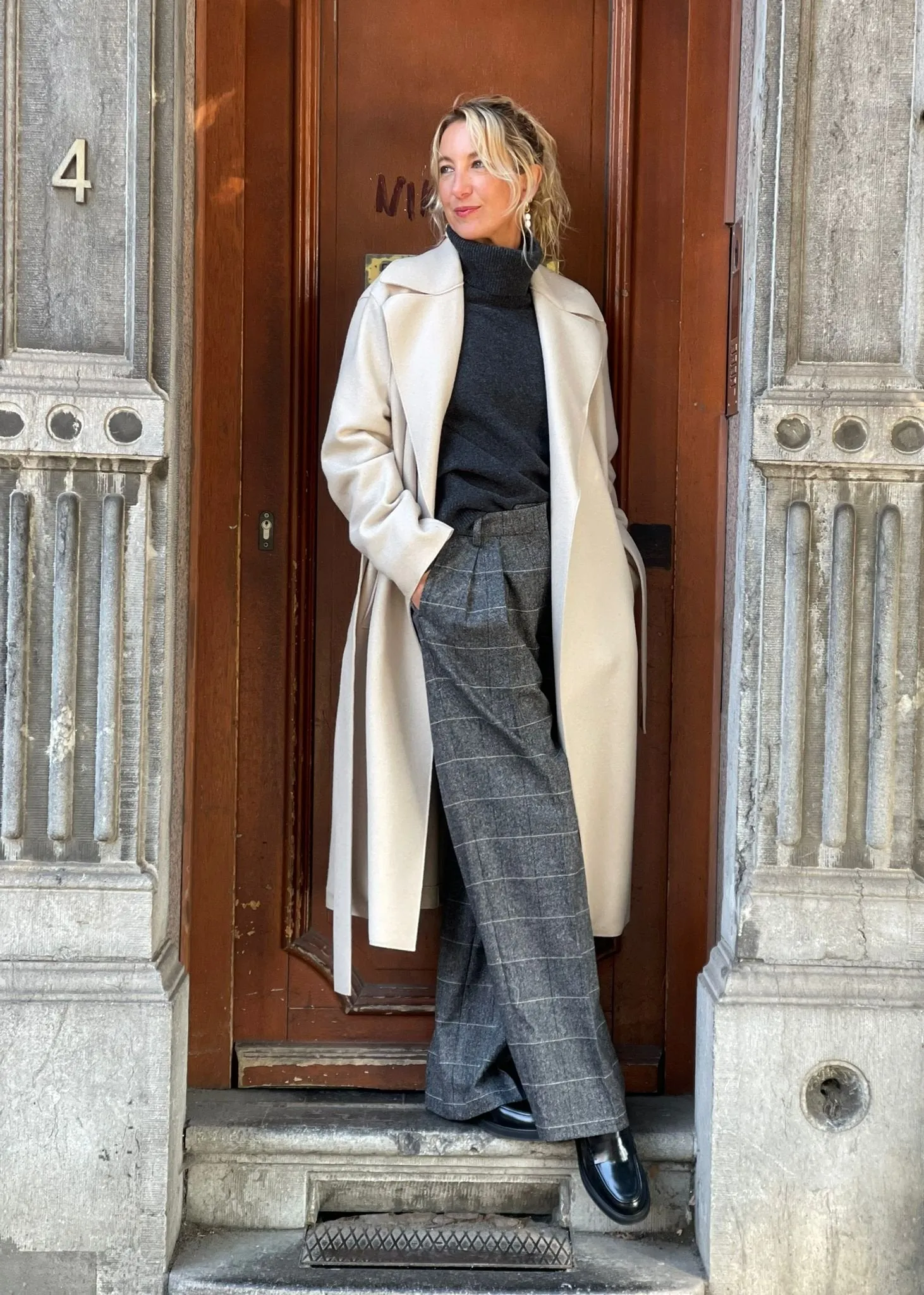 BELTED LONG COAT PRESSED WOOL POLAIRE | ALMOND