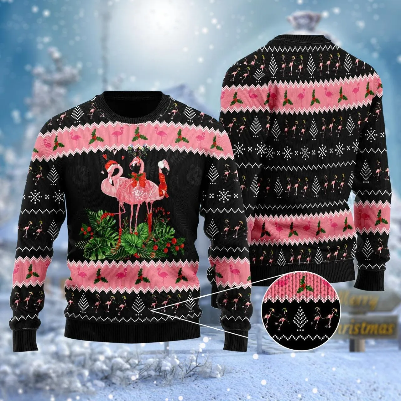 Black Pink Flamingo Jingle Bell In Area Ugly Sweater