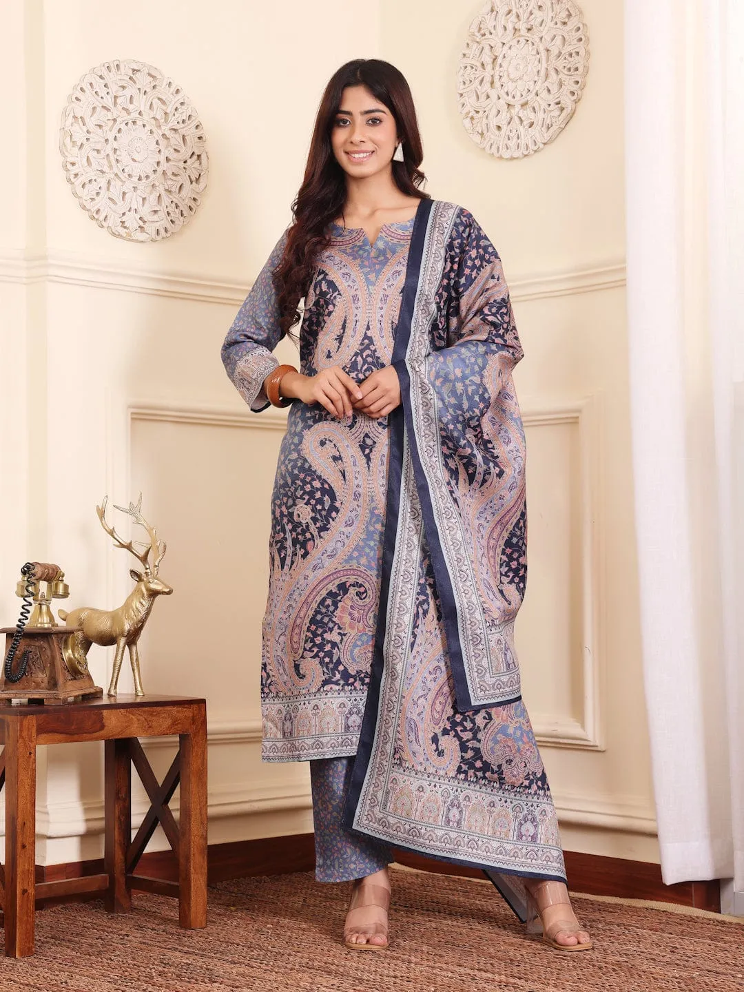 Blue Wool Blend Paisley Print Suit Set with Wool Dupatta