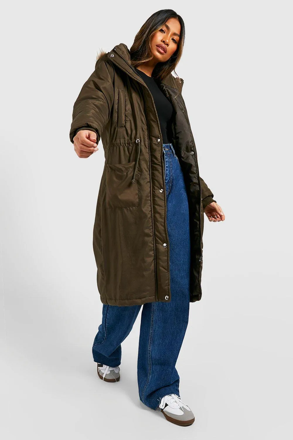 Boohoo Long Parka with Faux Fur Trim, Khaki