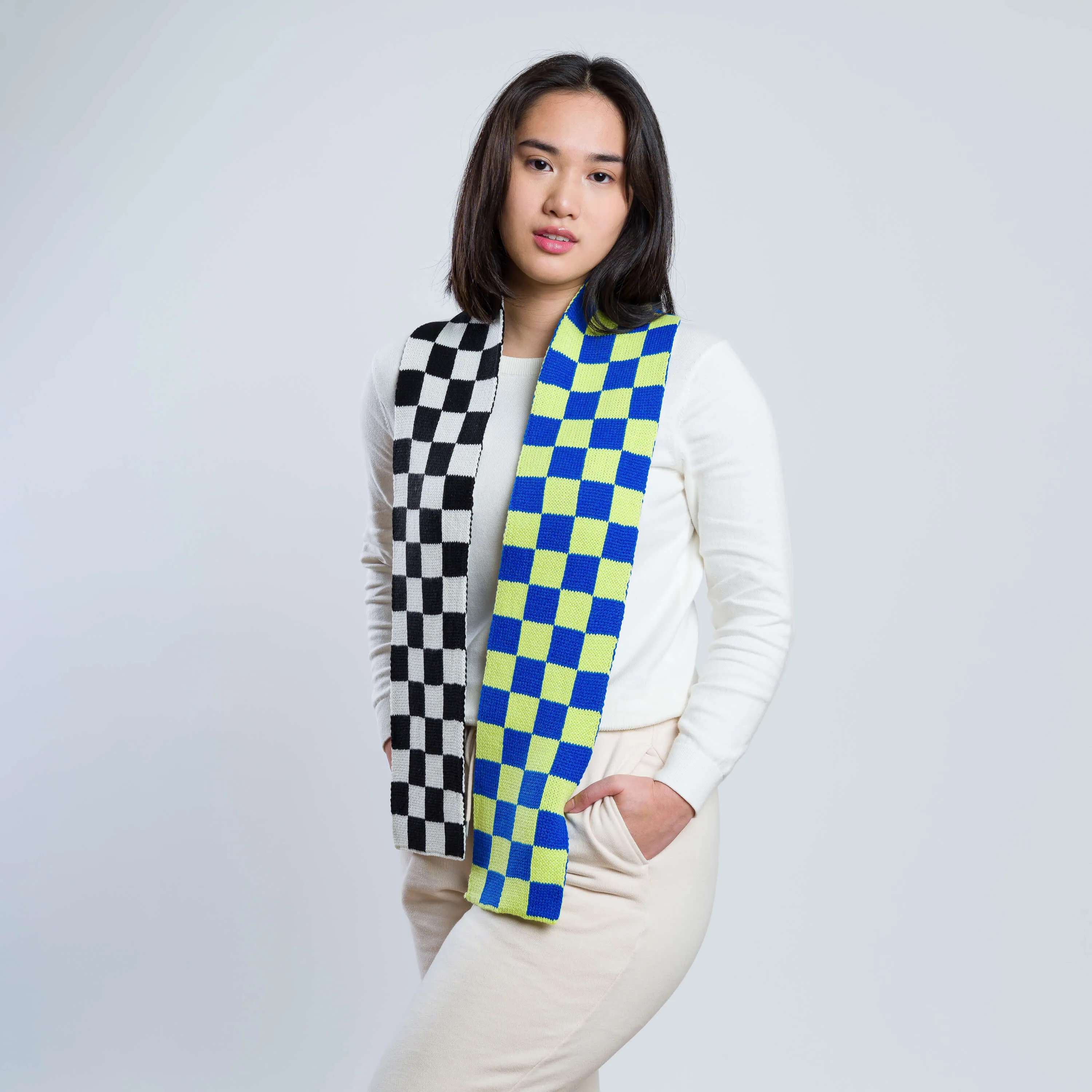 Checkerboard Knit Mini Scarf in Lime Cobalt