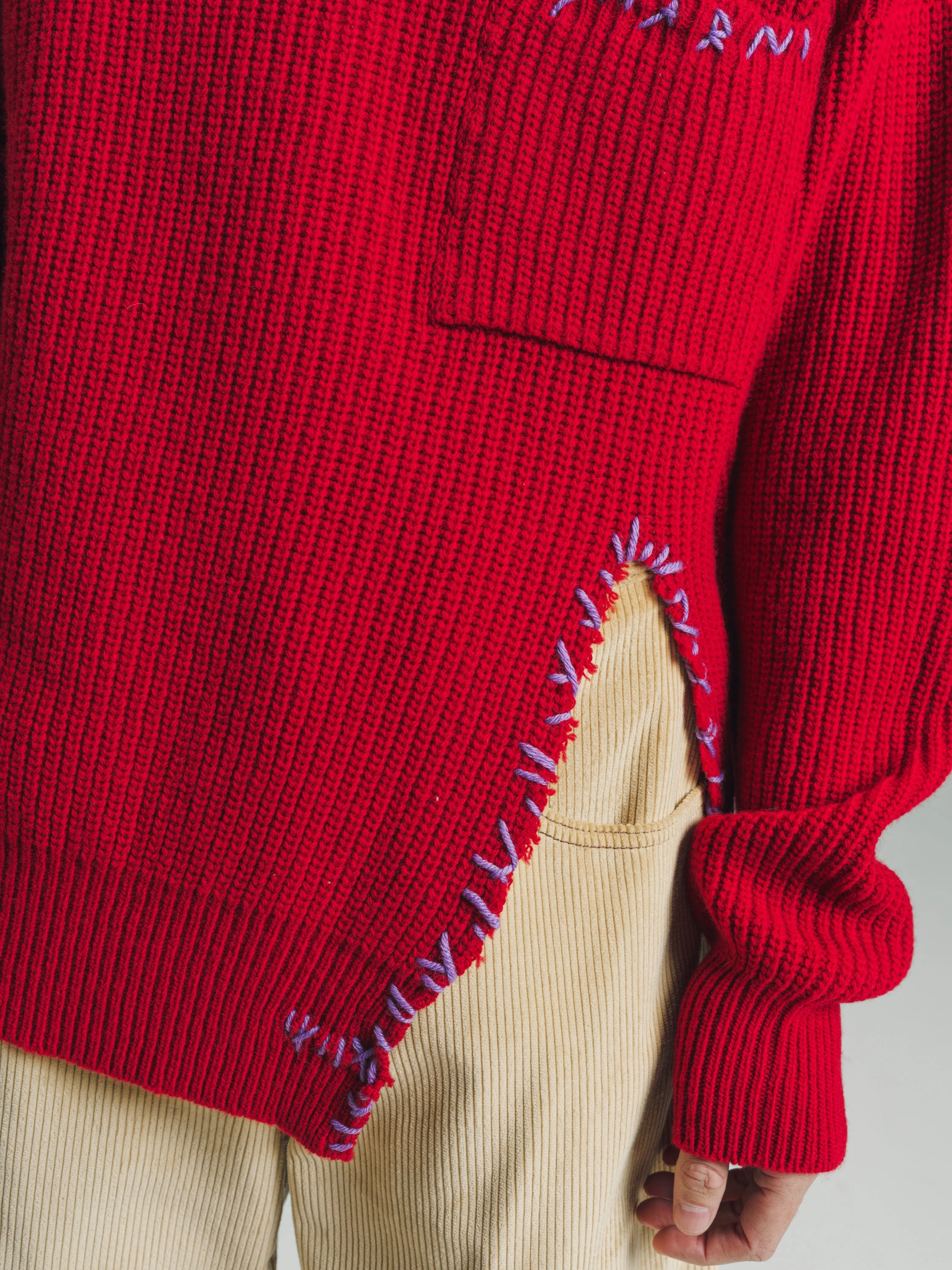 Chili Red Soft Wool Distressed Mending Knit Sweater