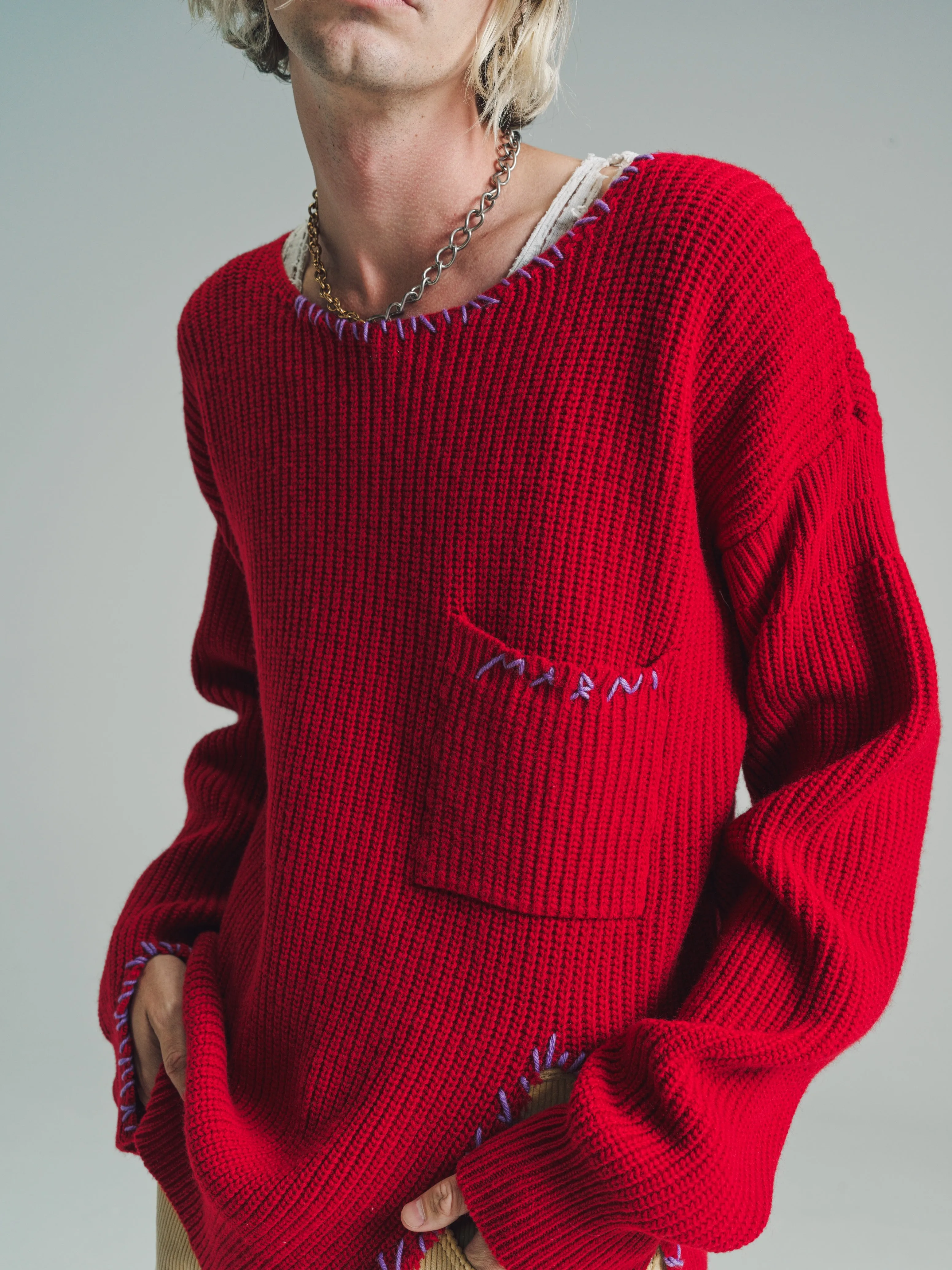 Chili Red Soft Wool Distressed Mending Knit Sweater