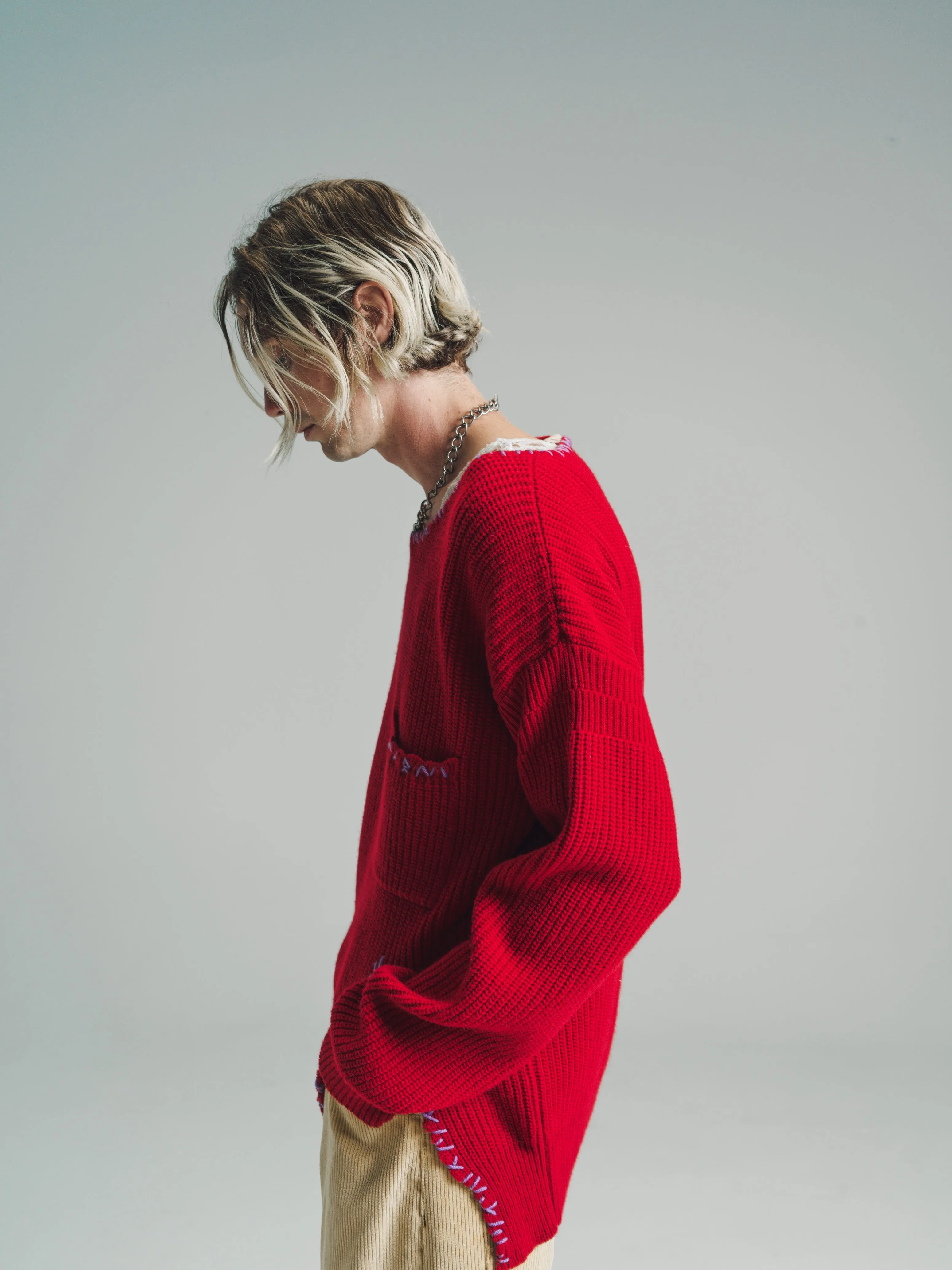 Chili Red Soft Wool Distressed Mending Knit Sweater