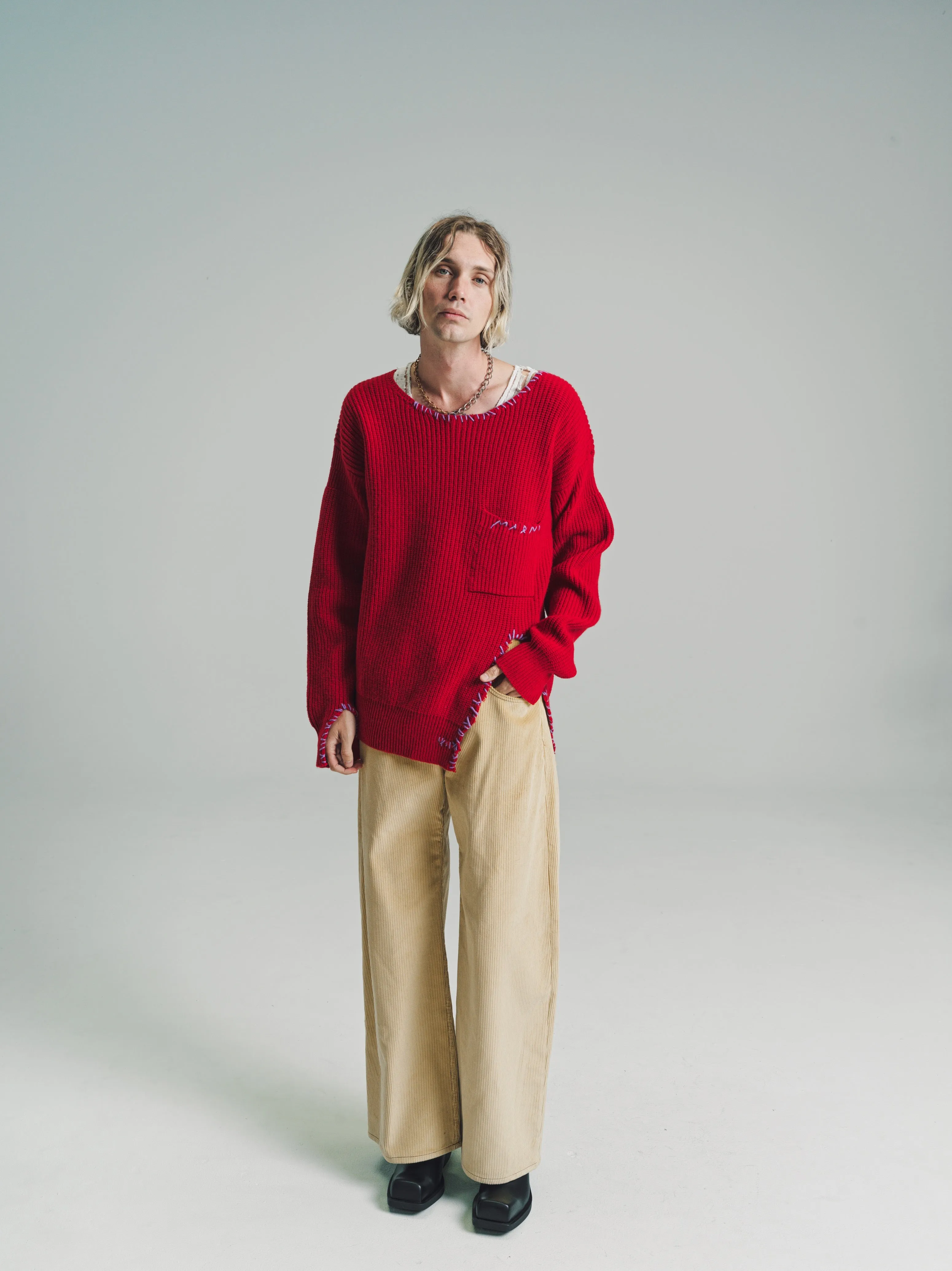 Chili Red Soft Wool Distressed Mending Knit Sweater