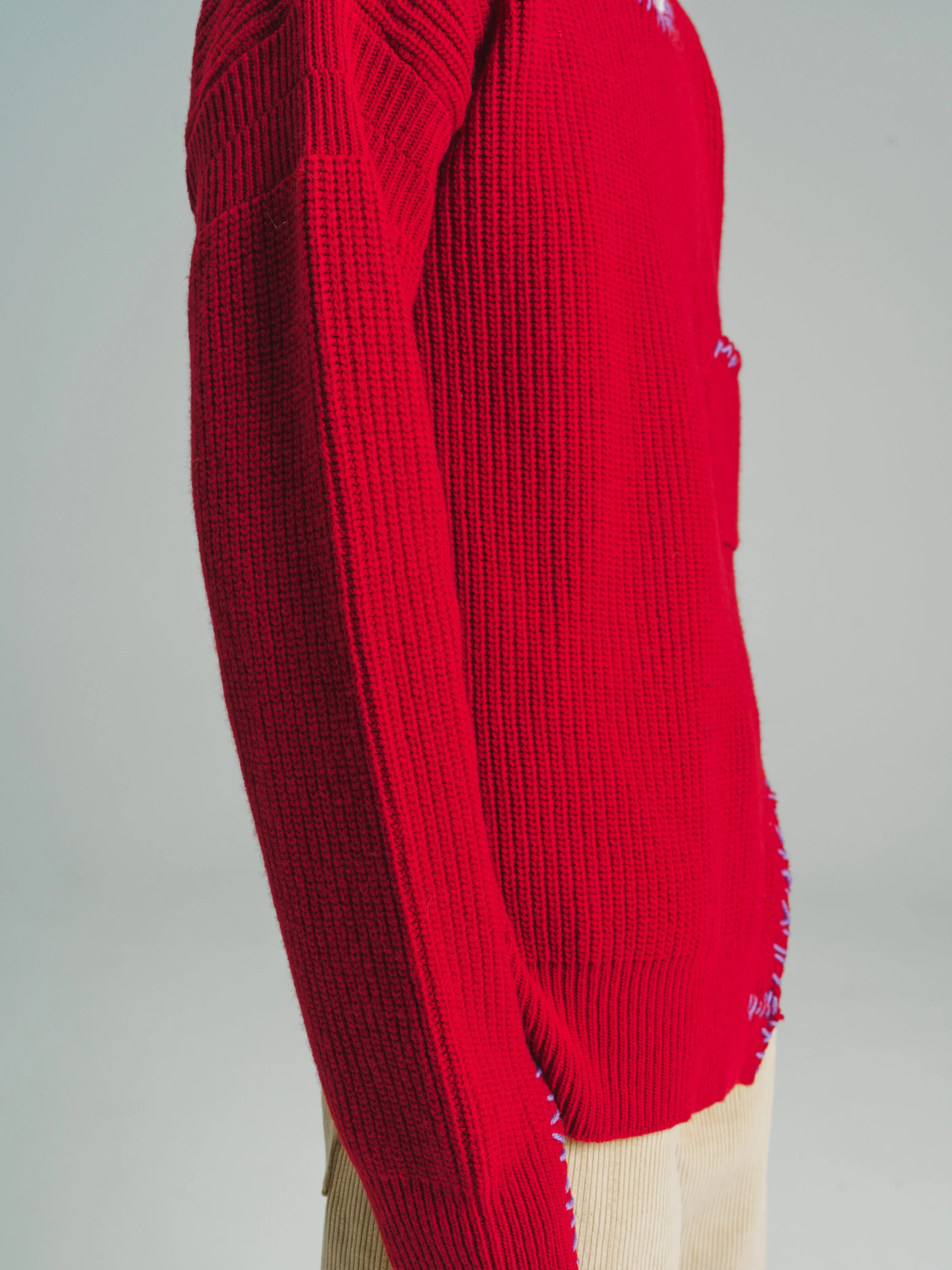 Chili Red Soft Wool Distressed Mending Knit Sweater