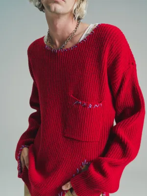 Chili Red Soft Wool Distressed Mending Knit Sweater