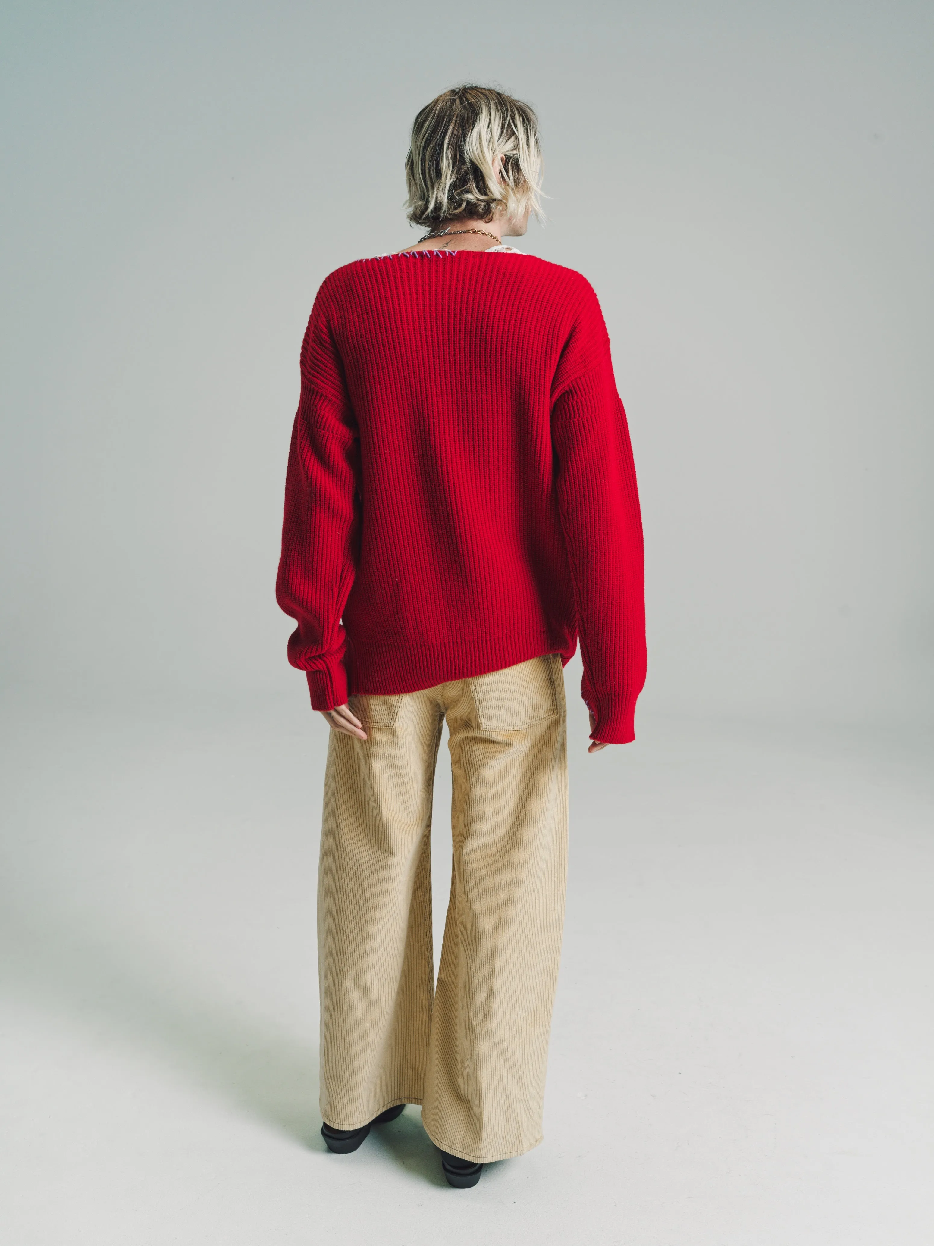 Chili Red Soft Wool Distressed Mending Knit Sweater