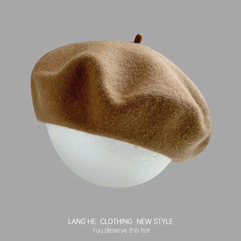 Dopamine solid color wool beret women's fashion painter hat autumn and winter literary retro woolen hat
