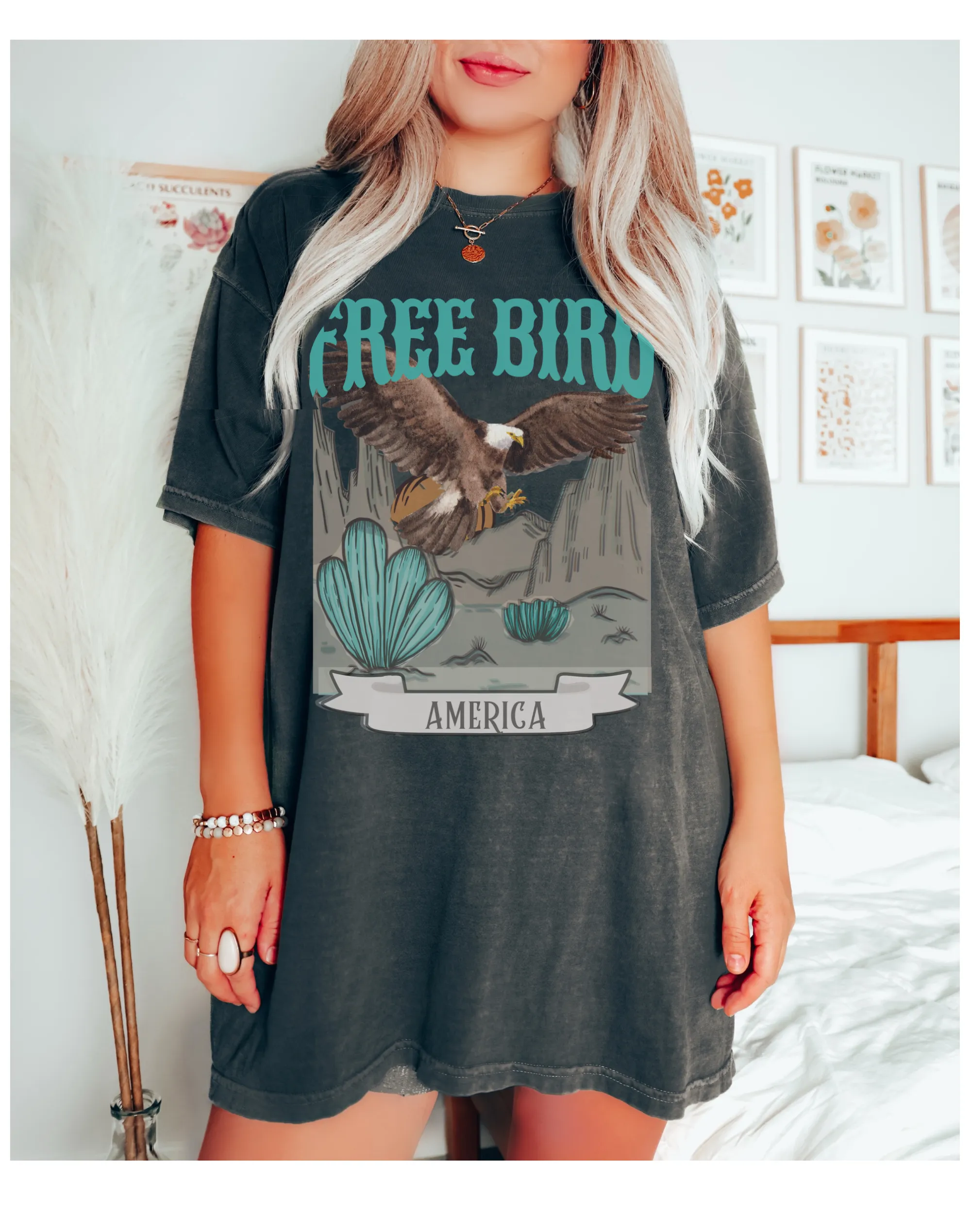 Free Bird Comfort Colors® T-Shirt, T-Shirt Dress, Turquoise Western Eagle Desert Retro Design T-Shirt