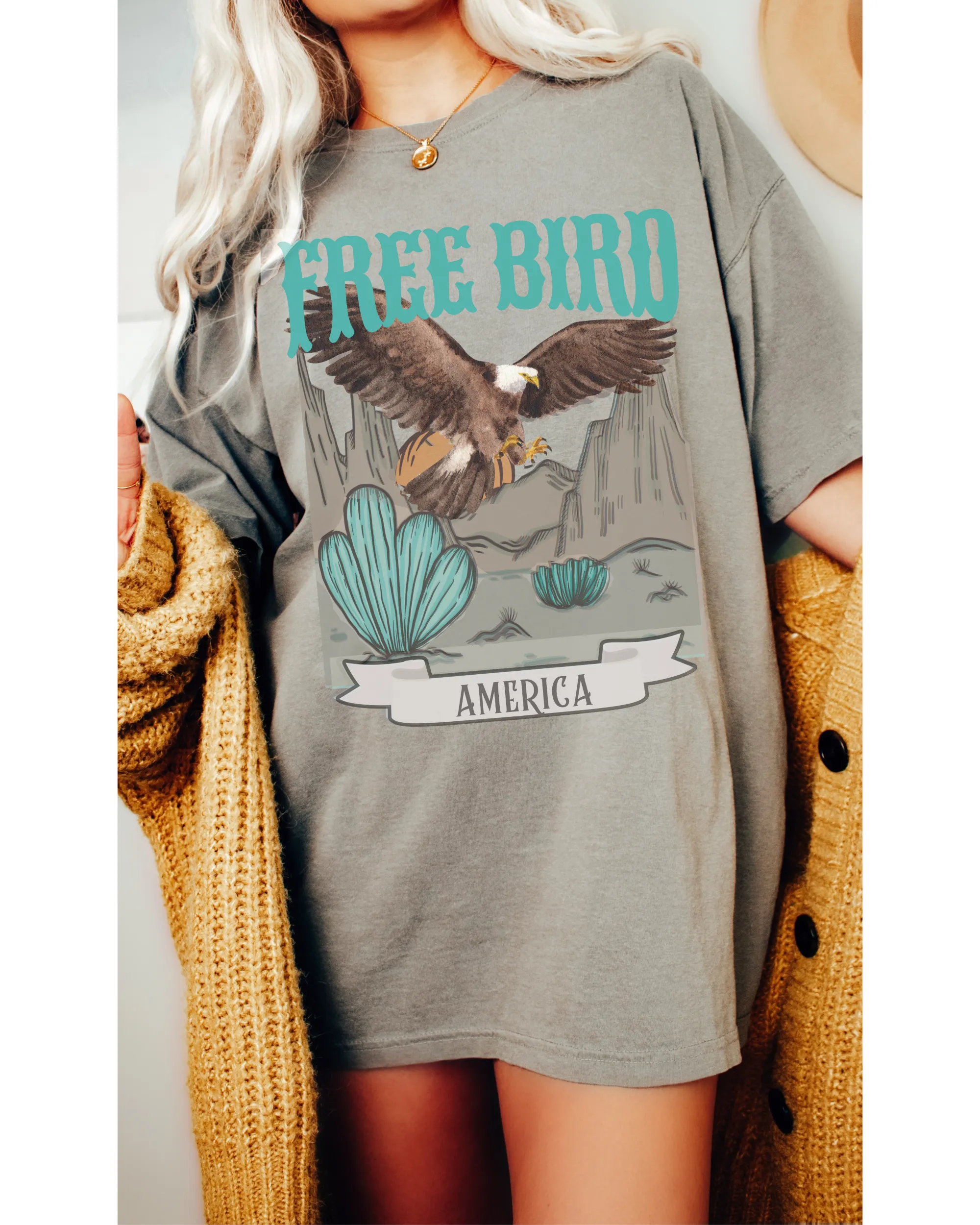 Free Bird Comfort Colors® T-Shirt, T-Shirt Dress, Turquoise Western Eagle Desert Retro Design T-Shirt
