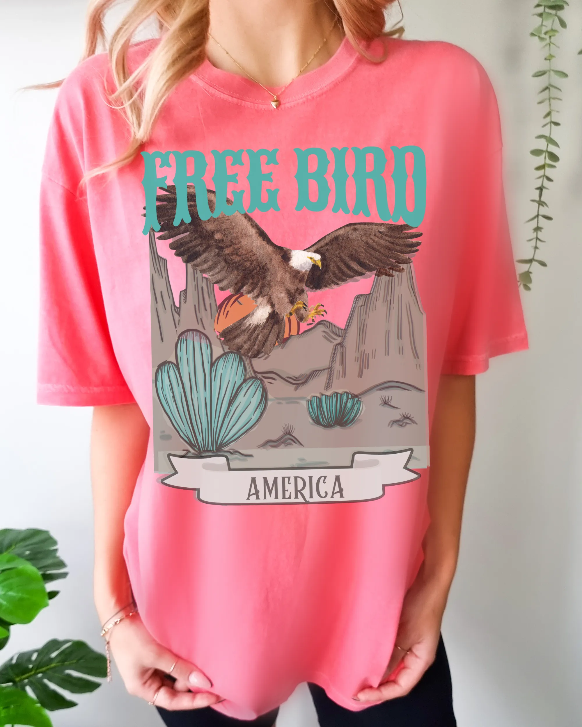 Free Bird Comfort Colors® T-Shirt, T-Shirt Dress, Turquoise Western Eagle Desert Retro Design T-Shirt