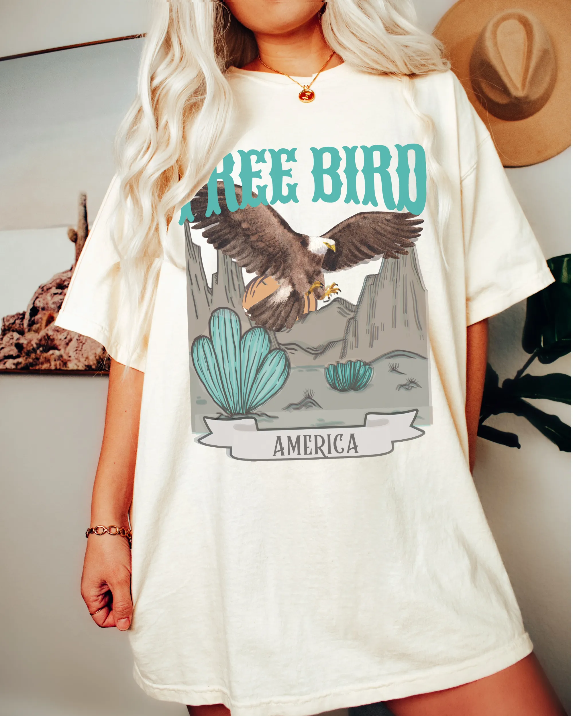 Free Bird Comfort Colors® T-Shirt, T-Shirt Dress, Turquoise Western Eagle Desert Retro Design T-Shirt