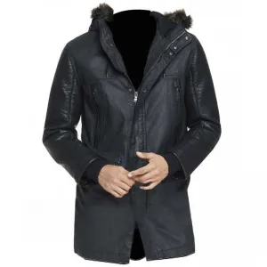 Fur Hooded Leather Men Parka Coat