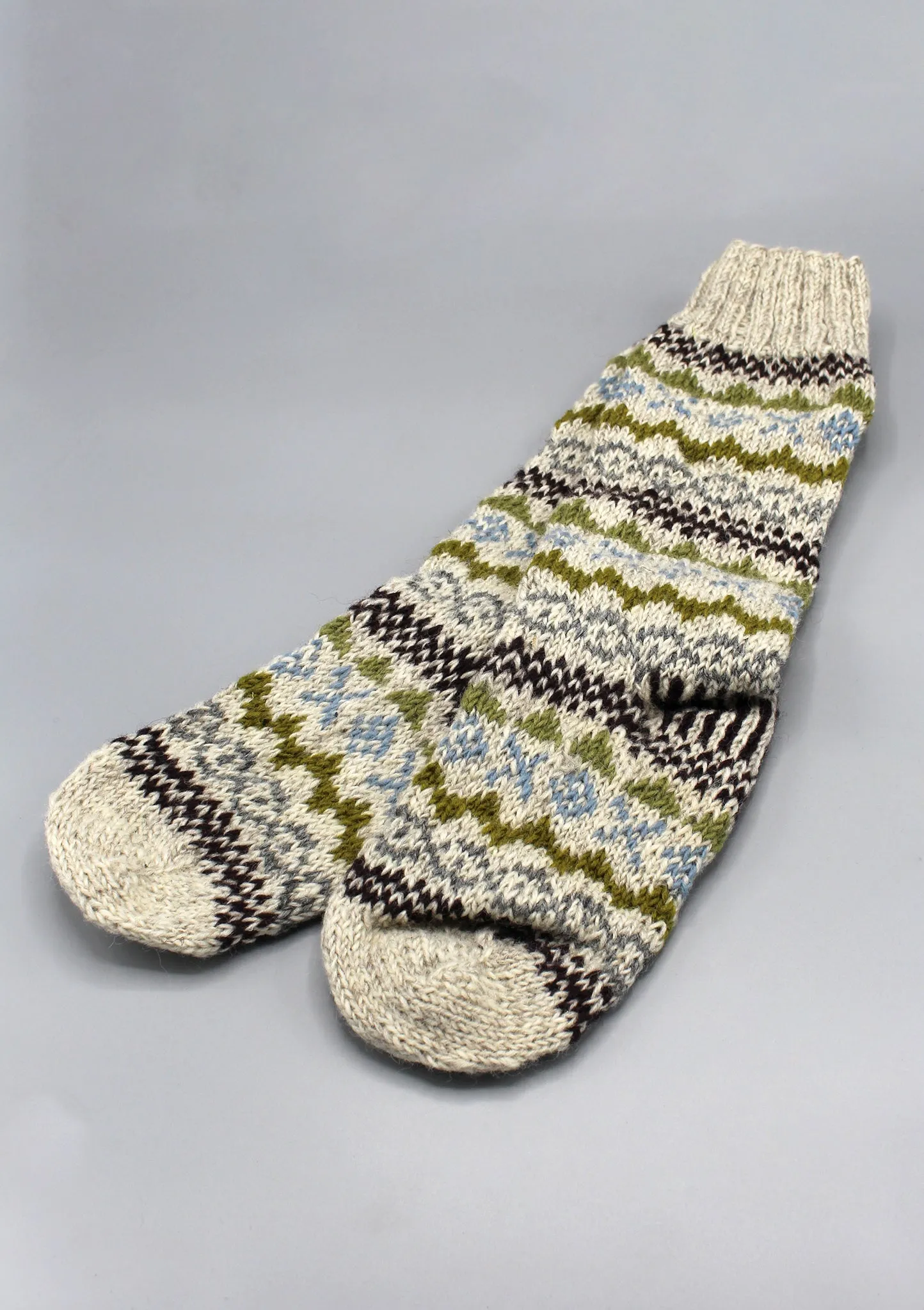 Hand Knitted White and Olive Green Knee High Socks