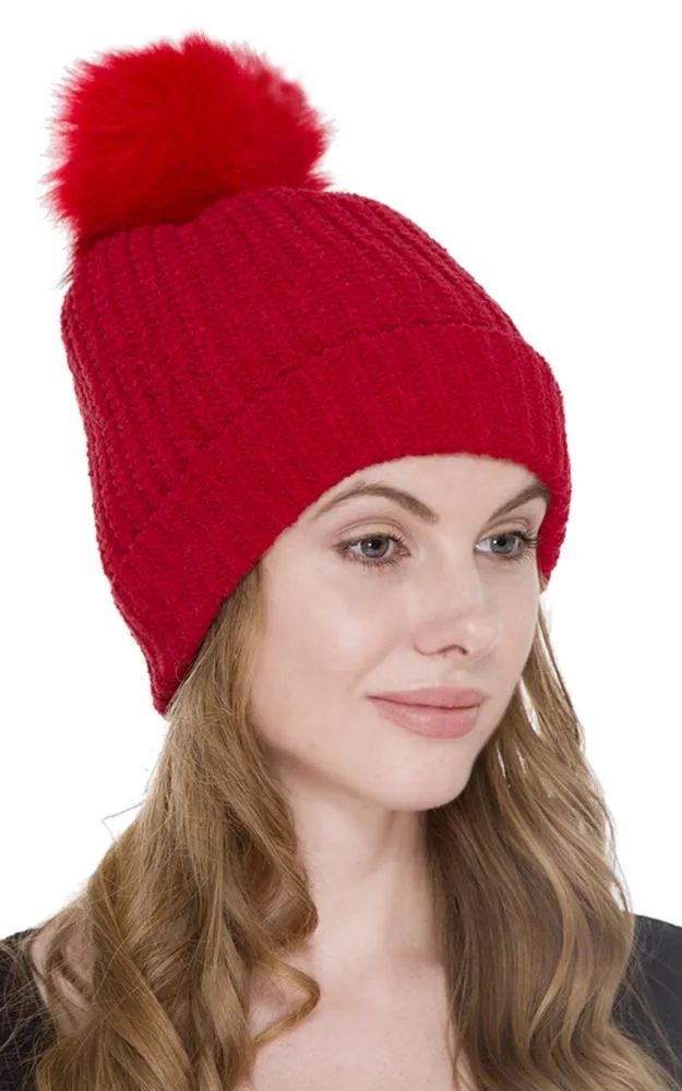 JH232 Cable Knit Hat w/Faux Fur Pom-pom