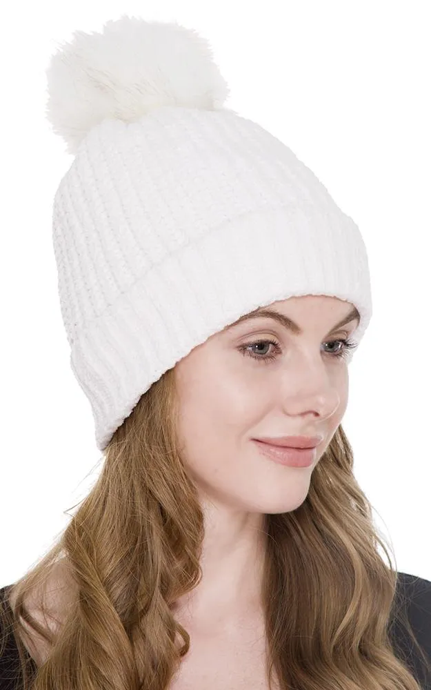 JH232 Cable Knit Hat w/Faux Fur Pom-pom