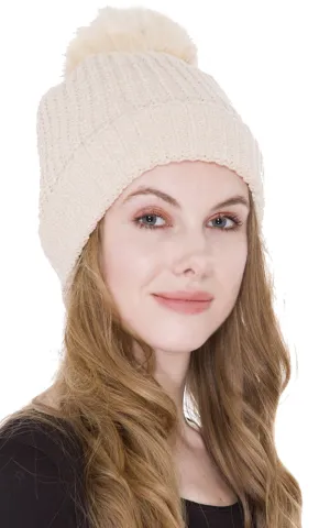 JH232 Cable Knit Hat w/Faux Fur Pom-pom