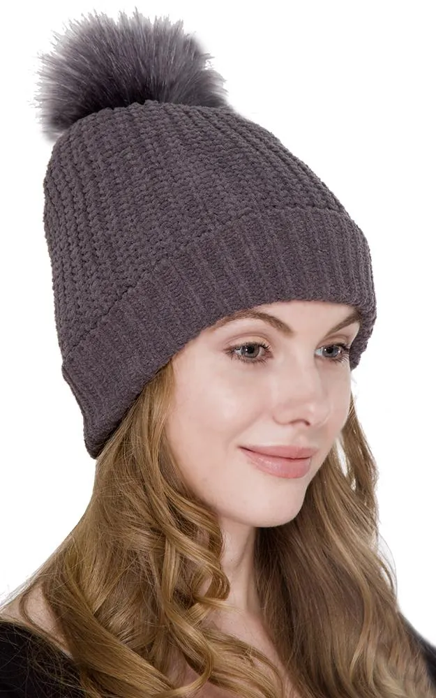 JH232 Cable Knit Hat w/Faux Fur Pom-pom