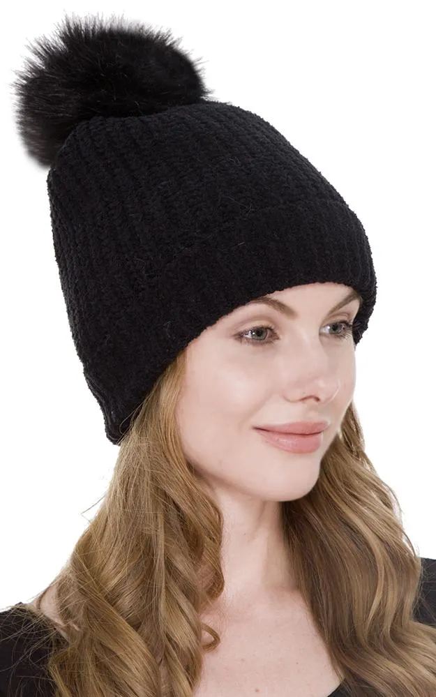 JH232 Cable Knit Hat w/Faux Fur Pom-pom