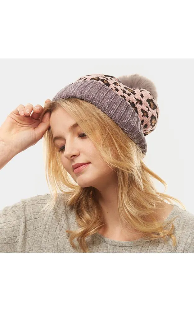 LOH140 Leopard Print Pom Pom Beanie Hat