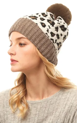 LOH140 Leopard Print Pom Pom Beanie Hat