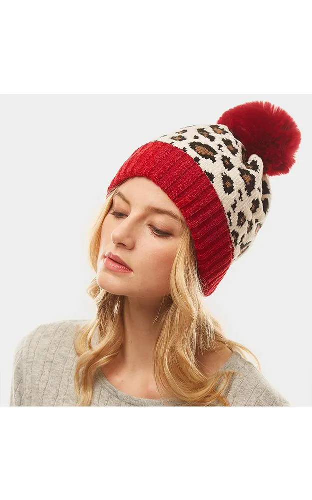 LOH140 Leopard Print Pom Pom Beanie Hat