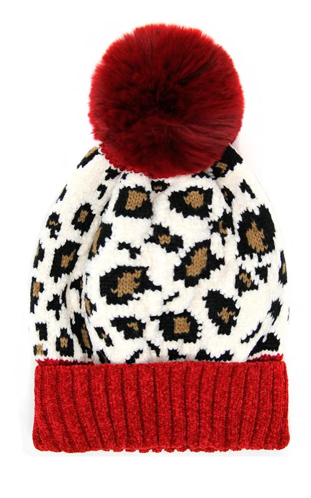 LOH140 Leopard Print Pom Pom Beanie Hat