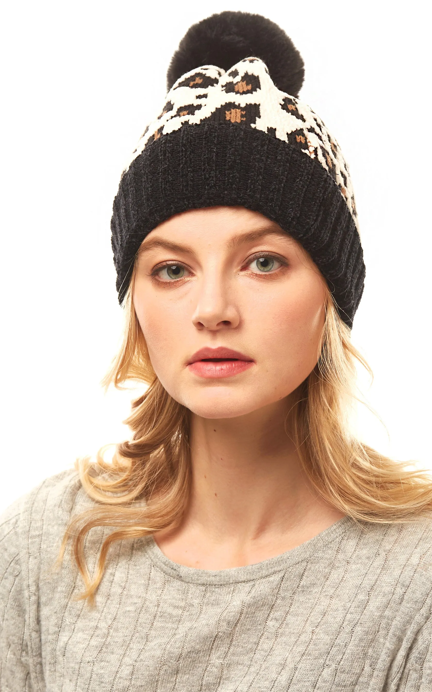 LOH140 Leopard Print Pom Pom Beanie Hat