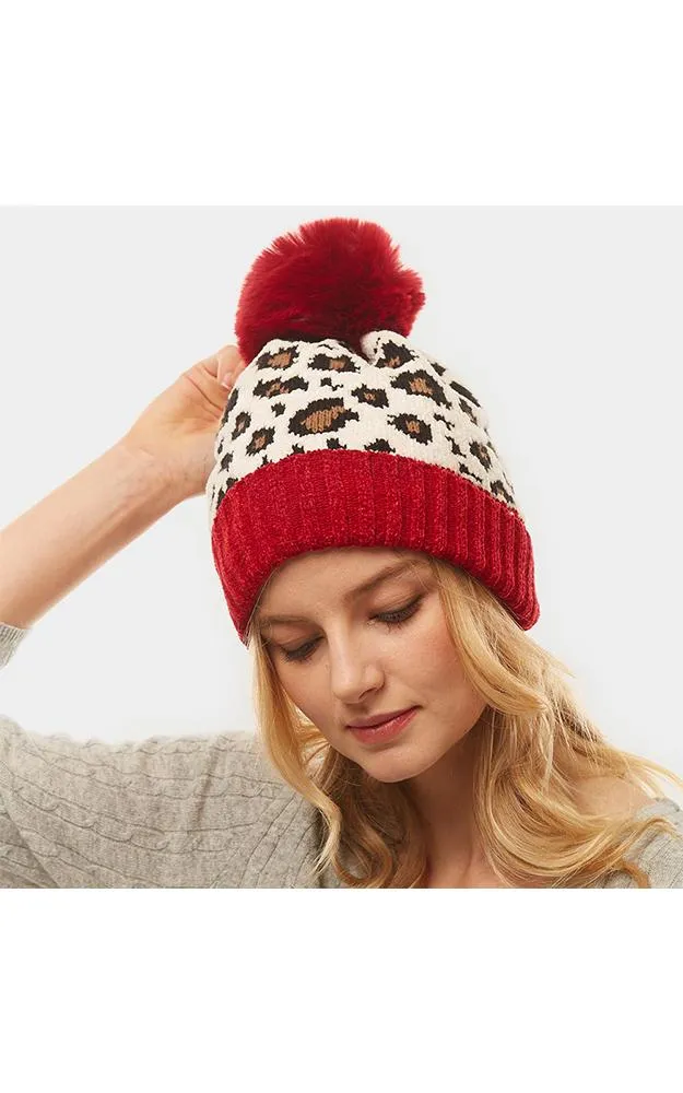 LOH140 Leopard Print Pom Pom Beanie Hat