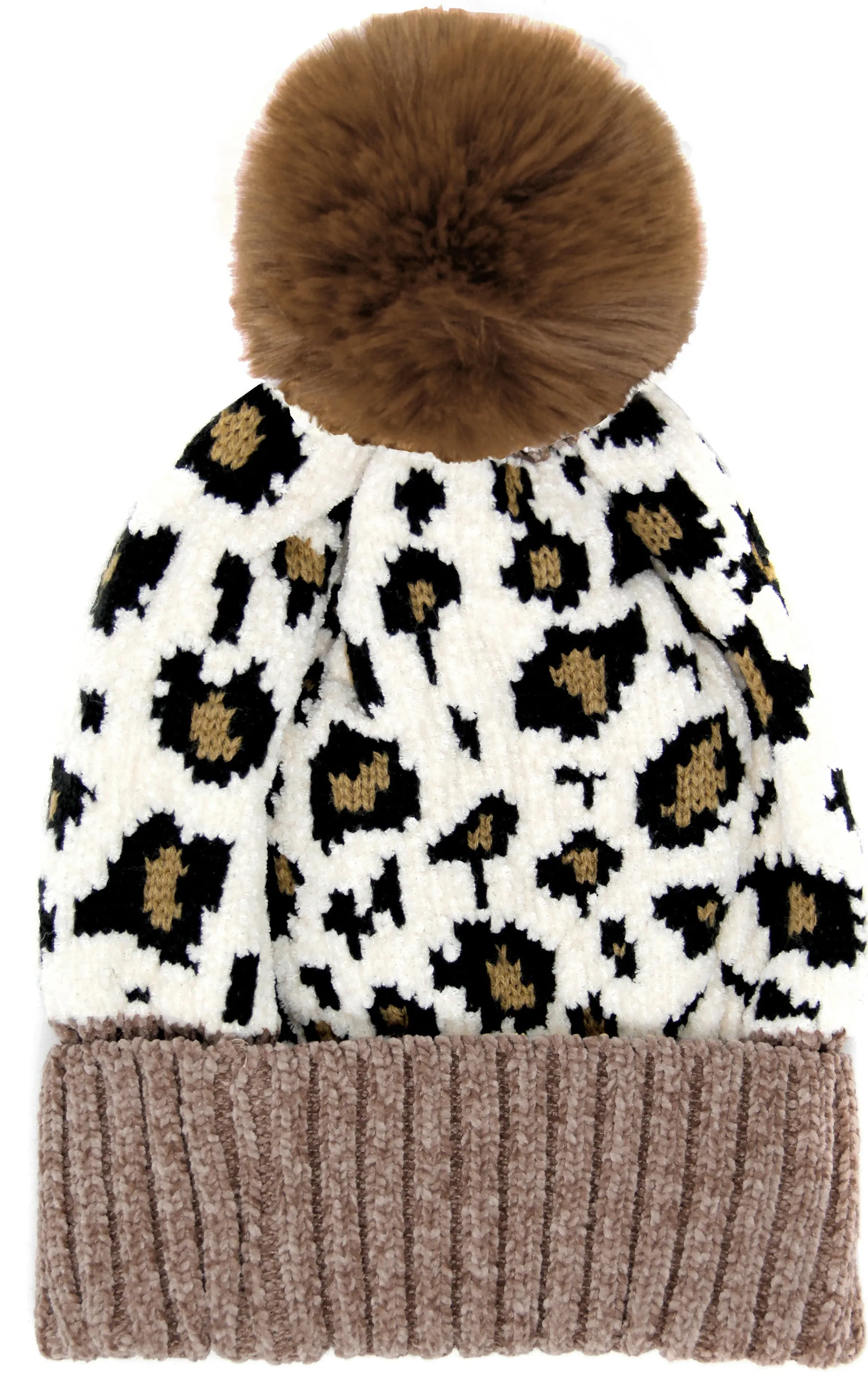 LOH140 Leopard Print Pom Pom Beanie Hat