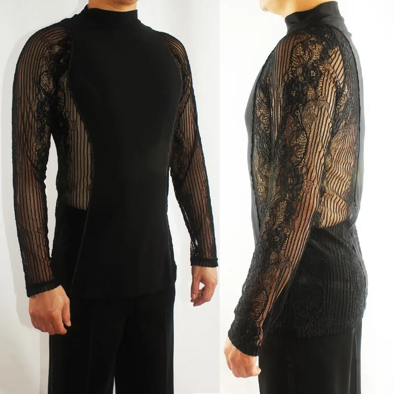 Mock Turtleneck Lace Accent Rhythm or Latin Ballroom Dance Shirt