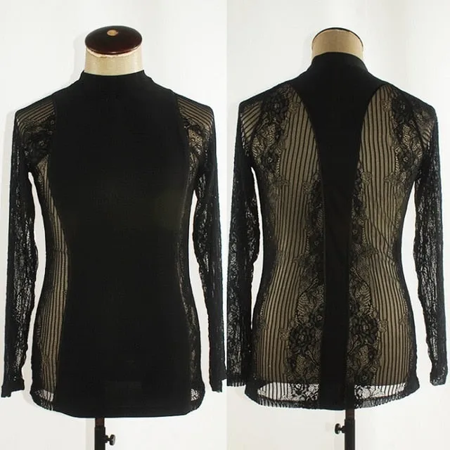 Mock Turtleneck Lace Accent Rhythm or Latin Ballroom Dance Shirt