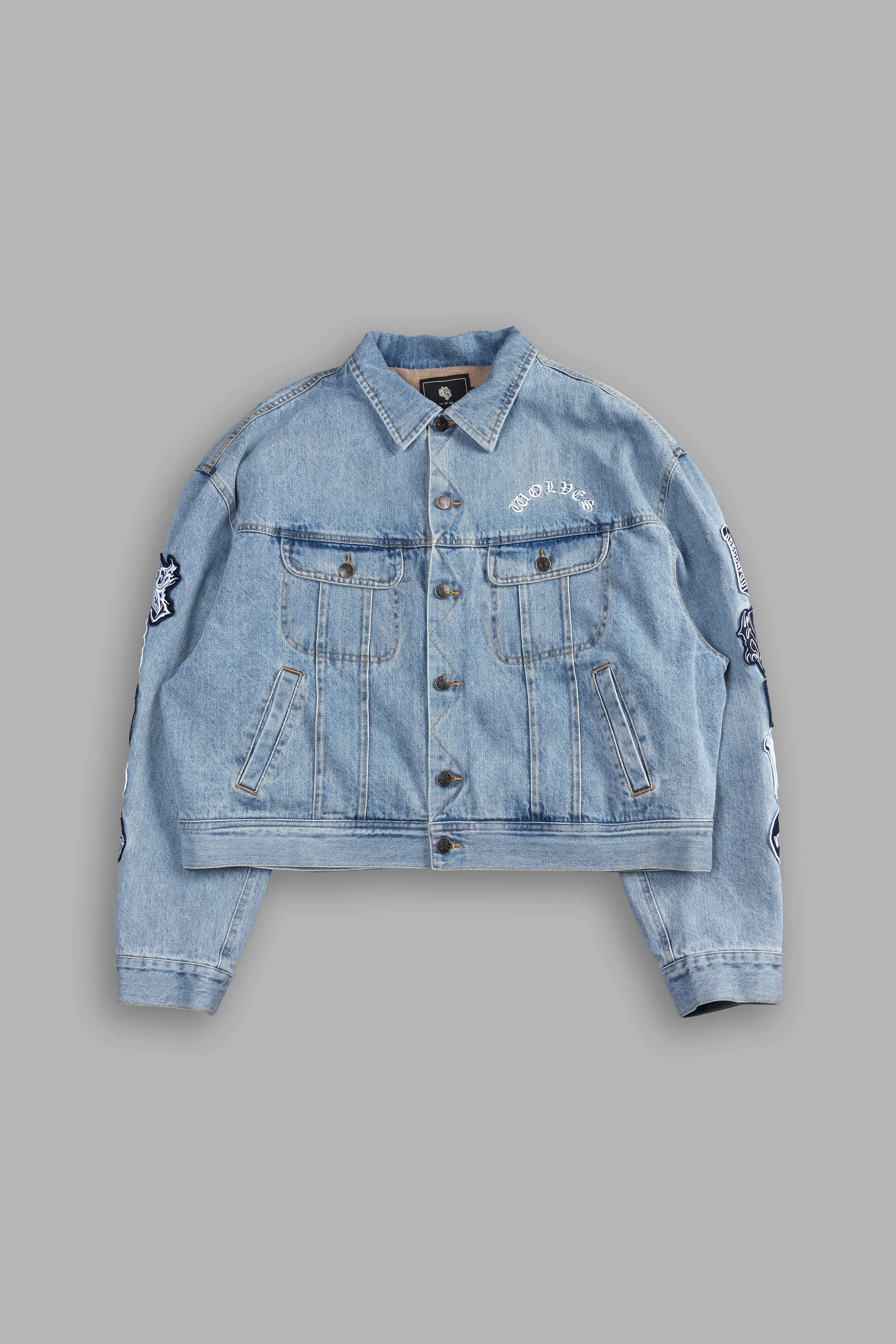 Patched Chopper Cropped American Denim Jacket in Denim