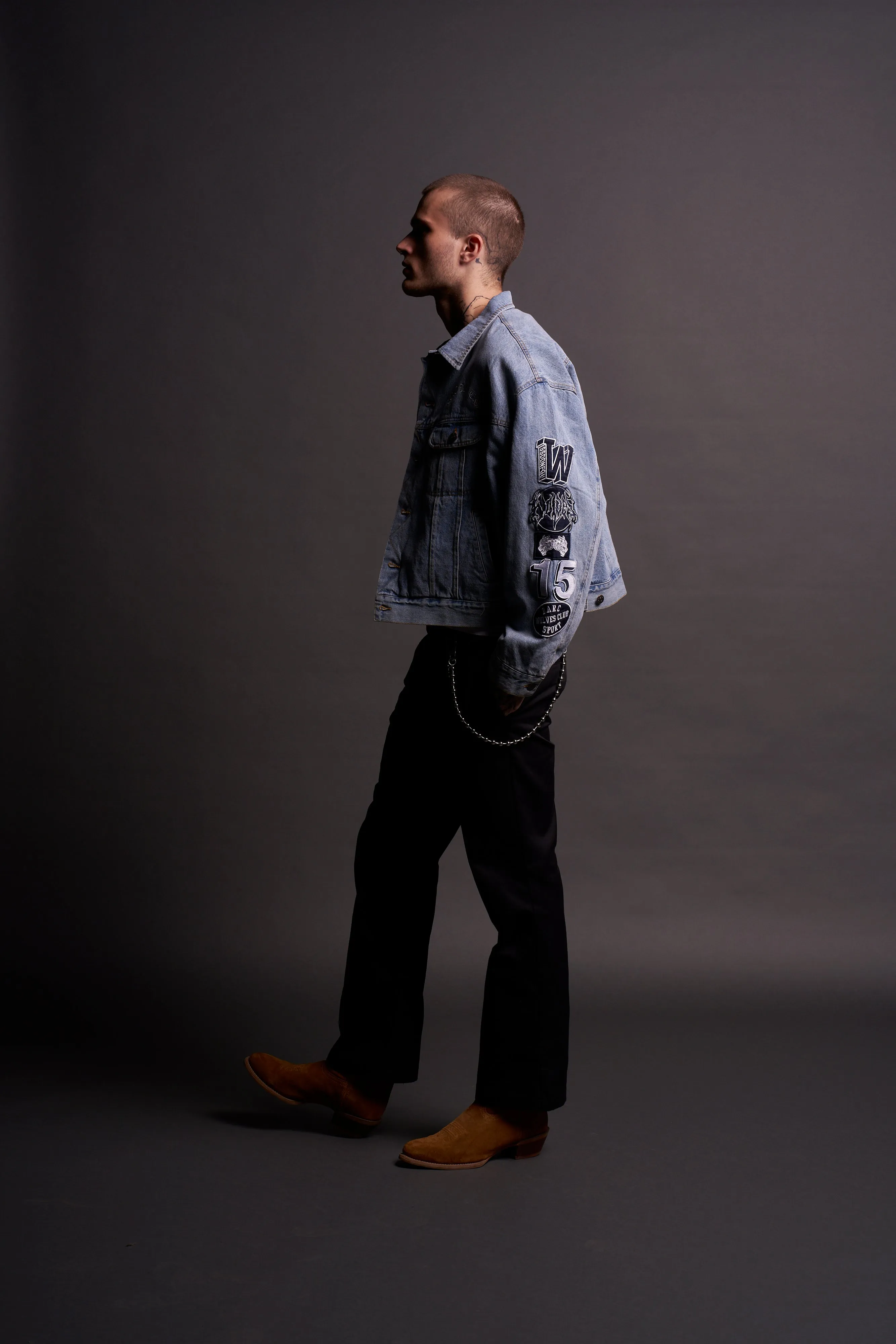 Patched Chopper Cropped American Denim Jacket in Denim