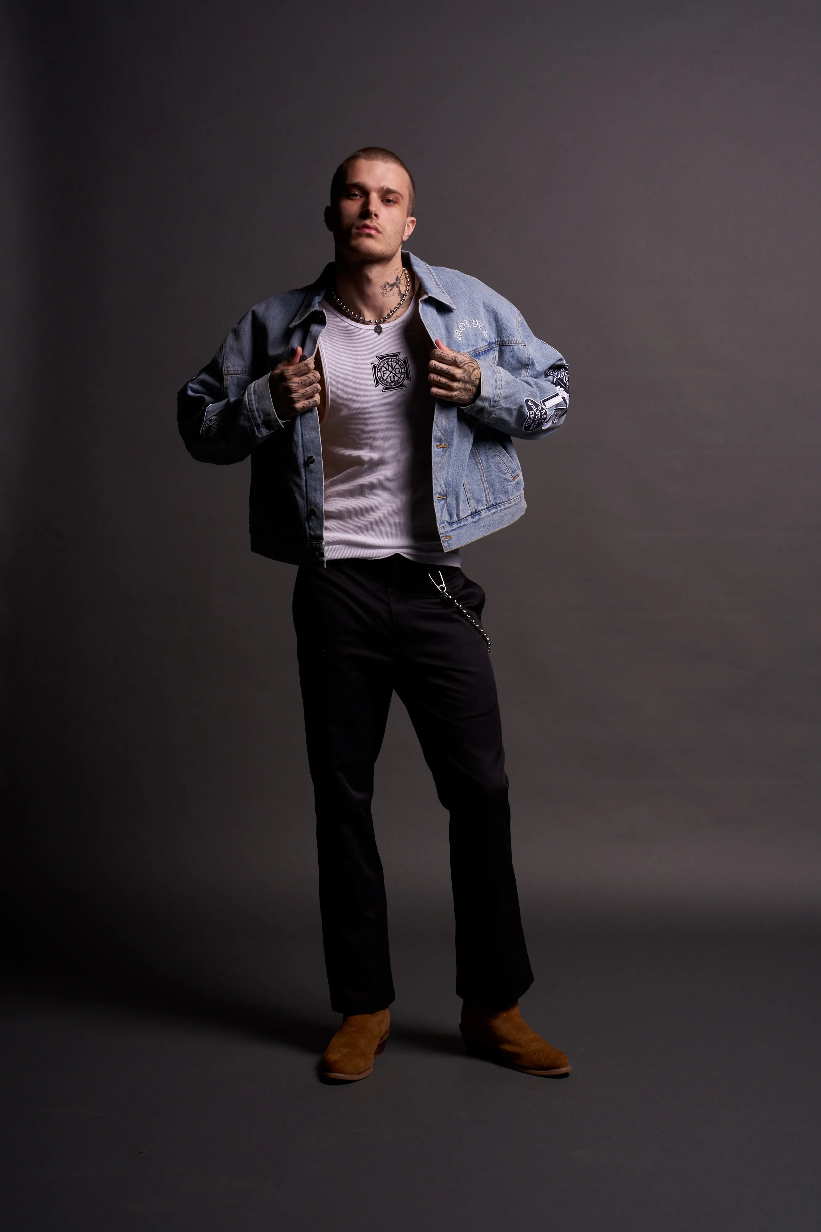 Patched Chopper Cropped American Denim Jacket in Denim