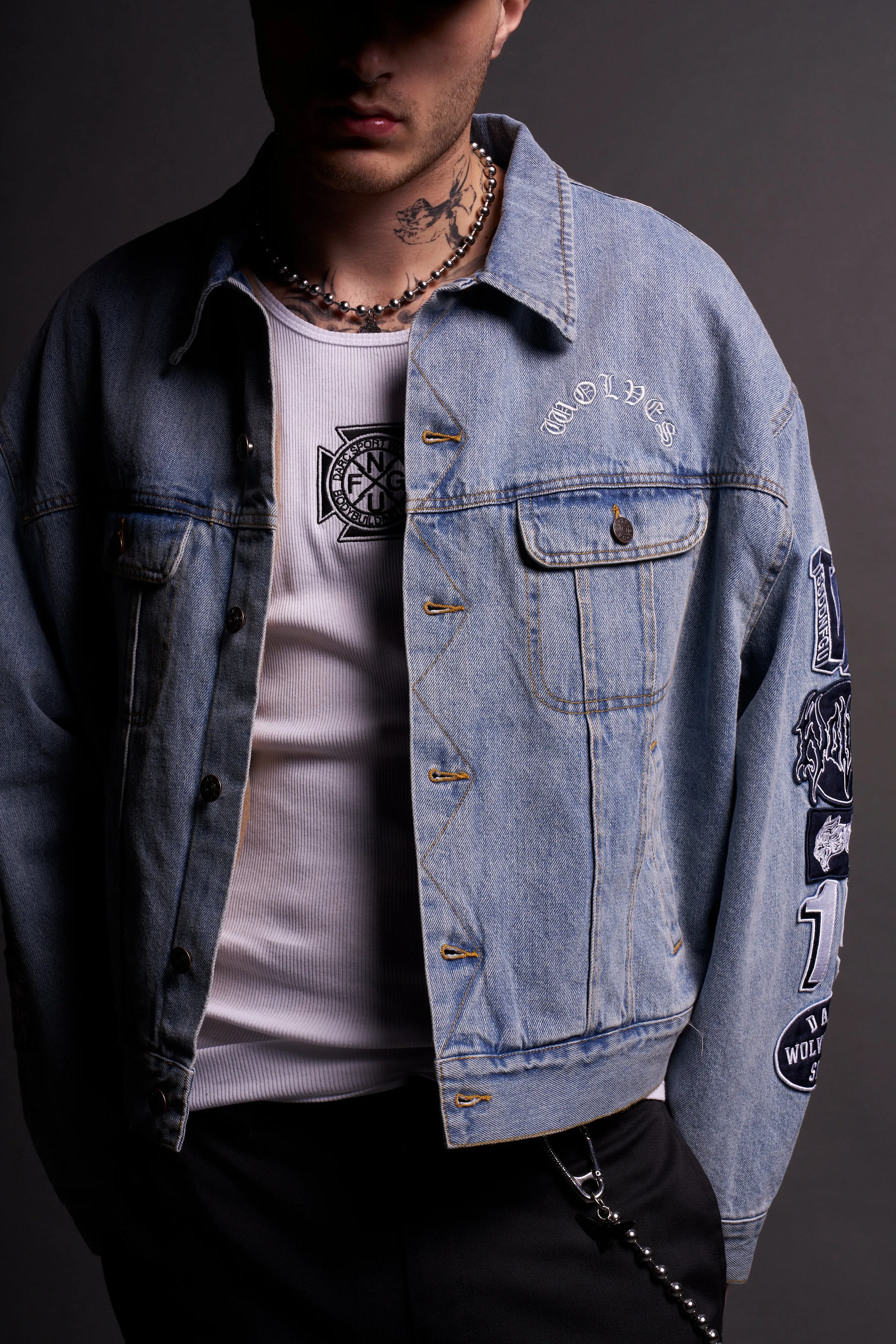 Patched Chopper Cropped American Denim Jacket in Denim