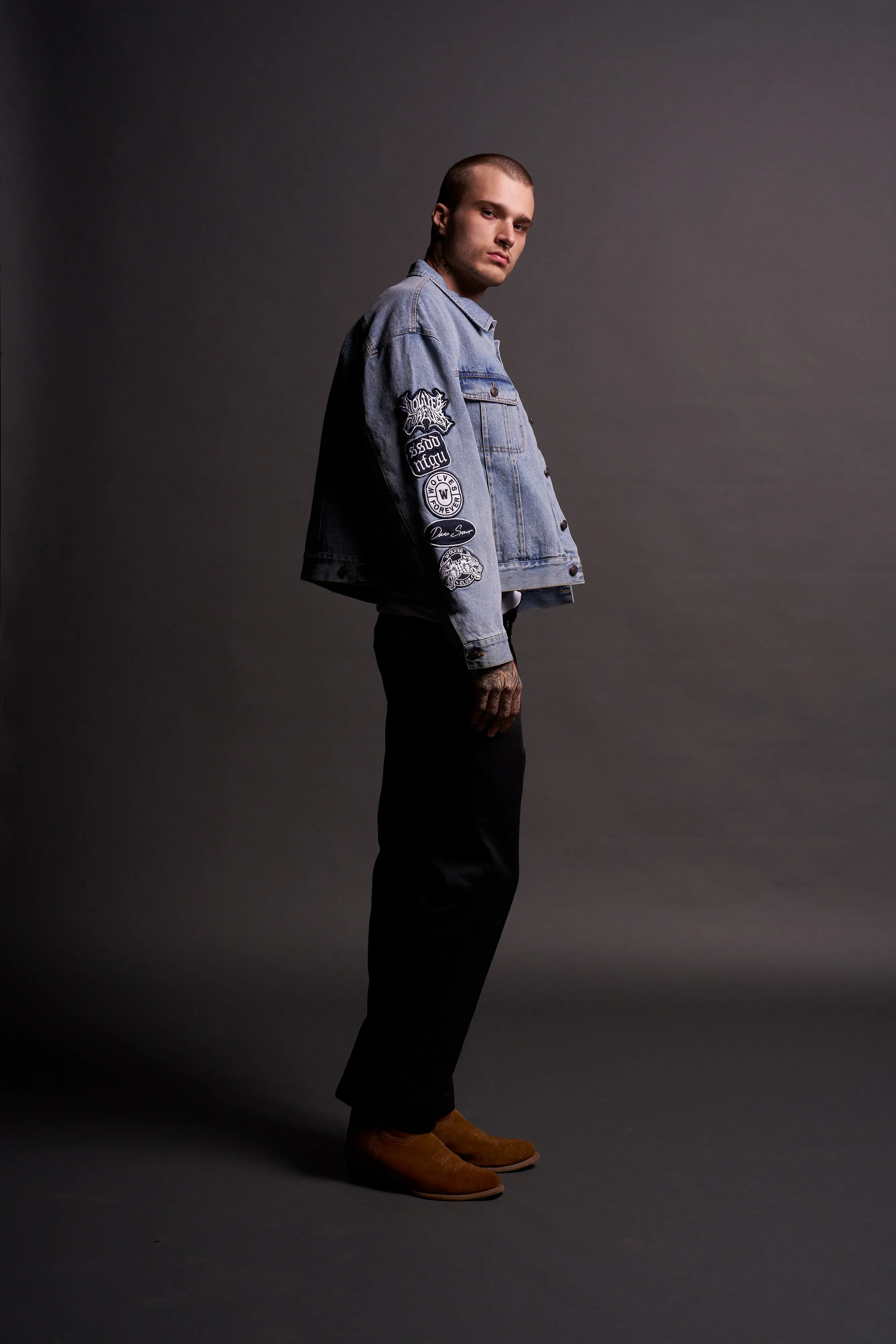 Patched Chopper Cropped American Denim Jacket in Denim