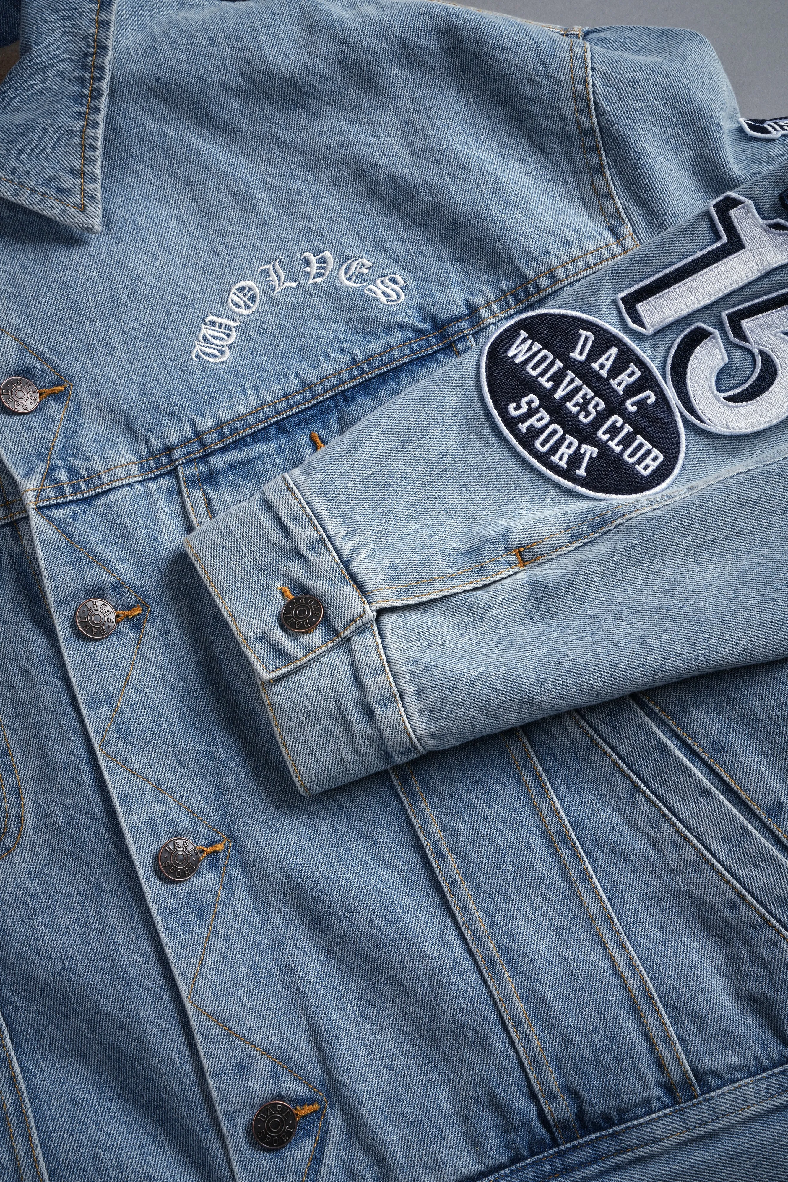 Patched Chopper Cropped American Denim Jacket in Denim