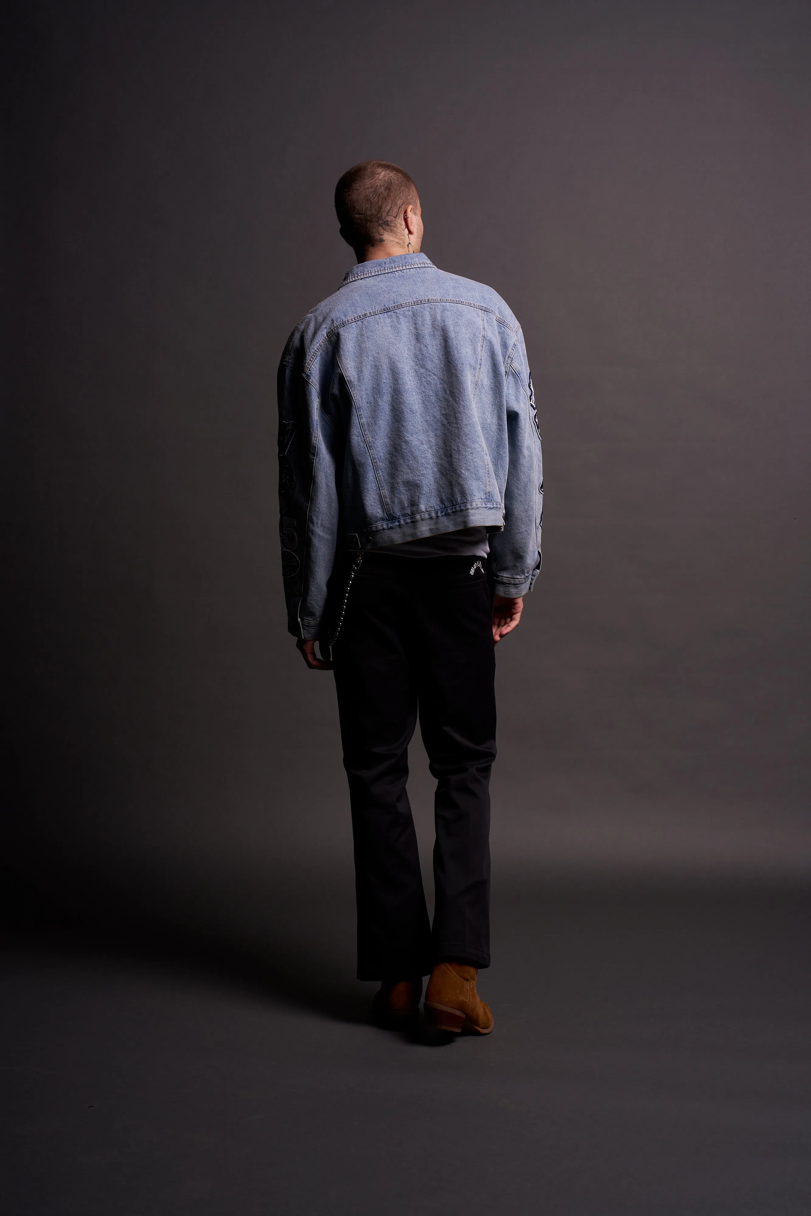 Patched Chopper Cropped American Denim Jacket in Denim