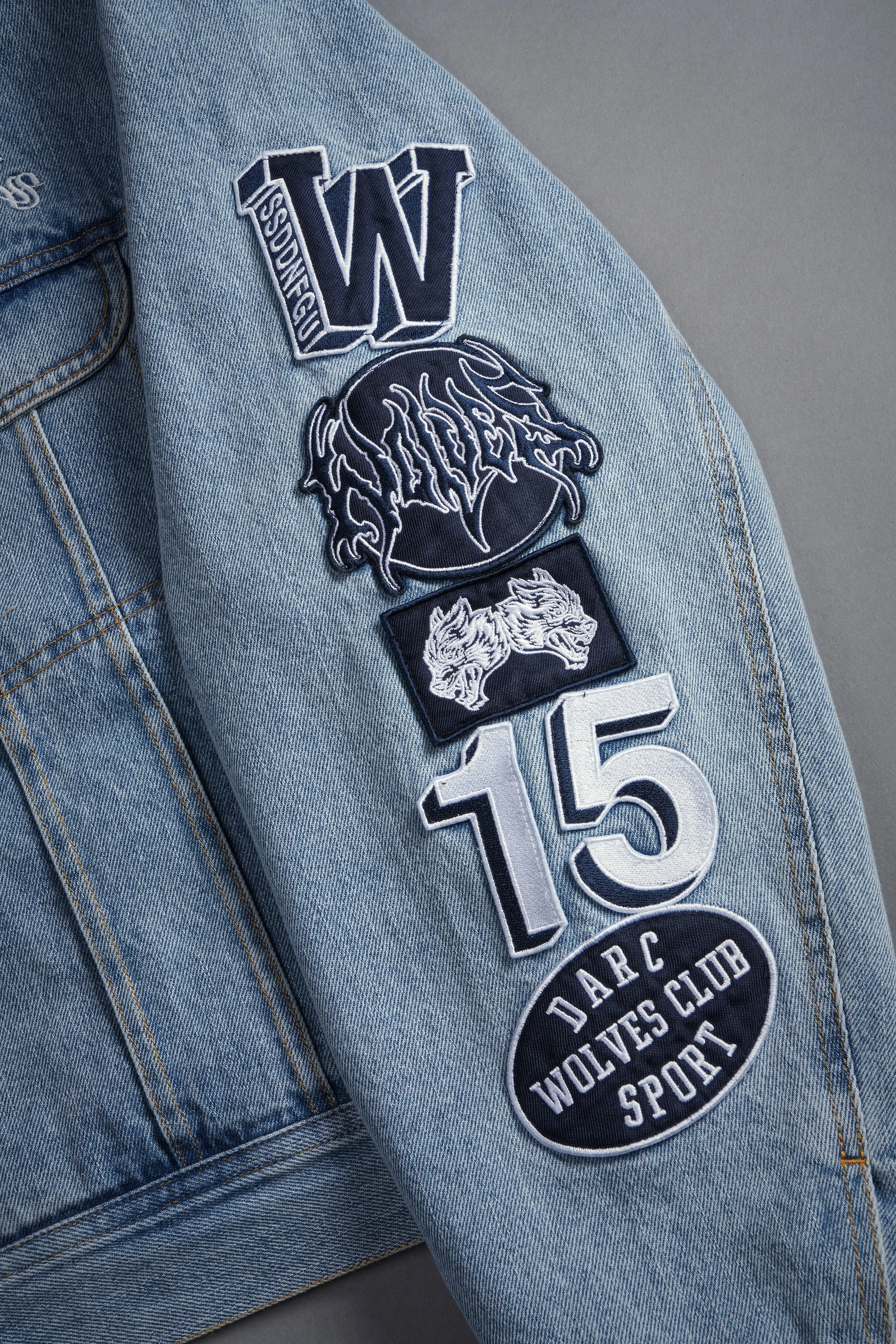 Patched Chopper Cropped American Denim Jacket in Denim