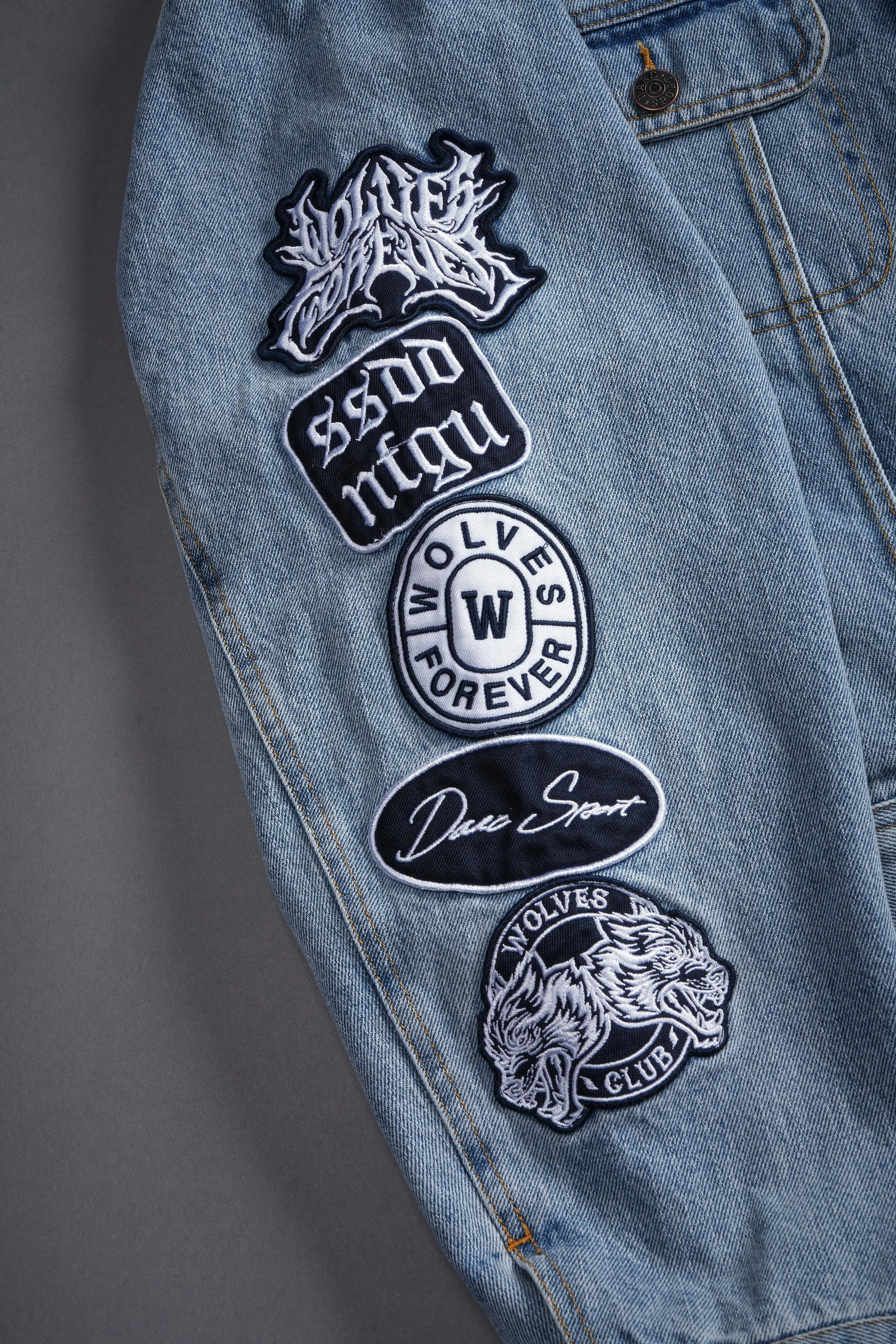Patched Chopper Cropped American Denim Jacket in Denim