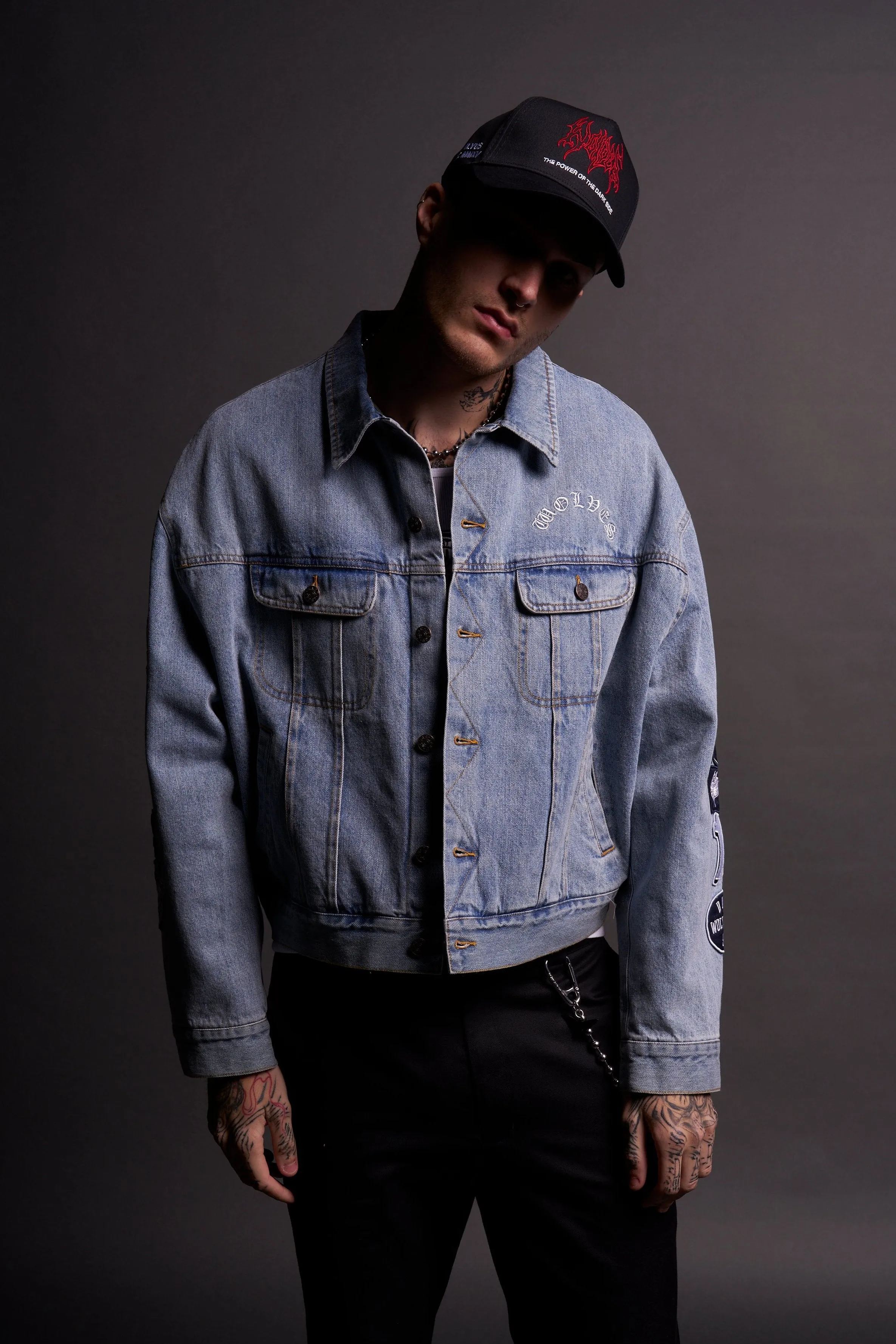 Patched Chopper Cropped American Denim Jacket in Denim