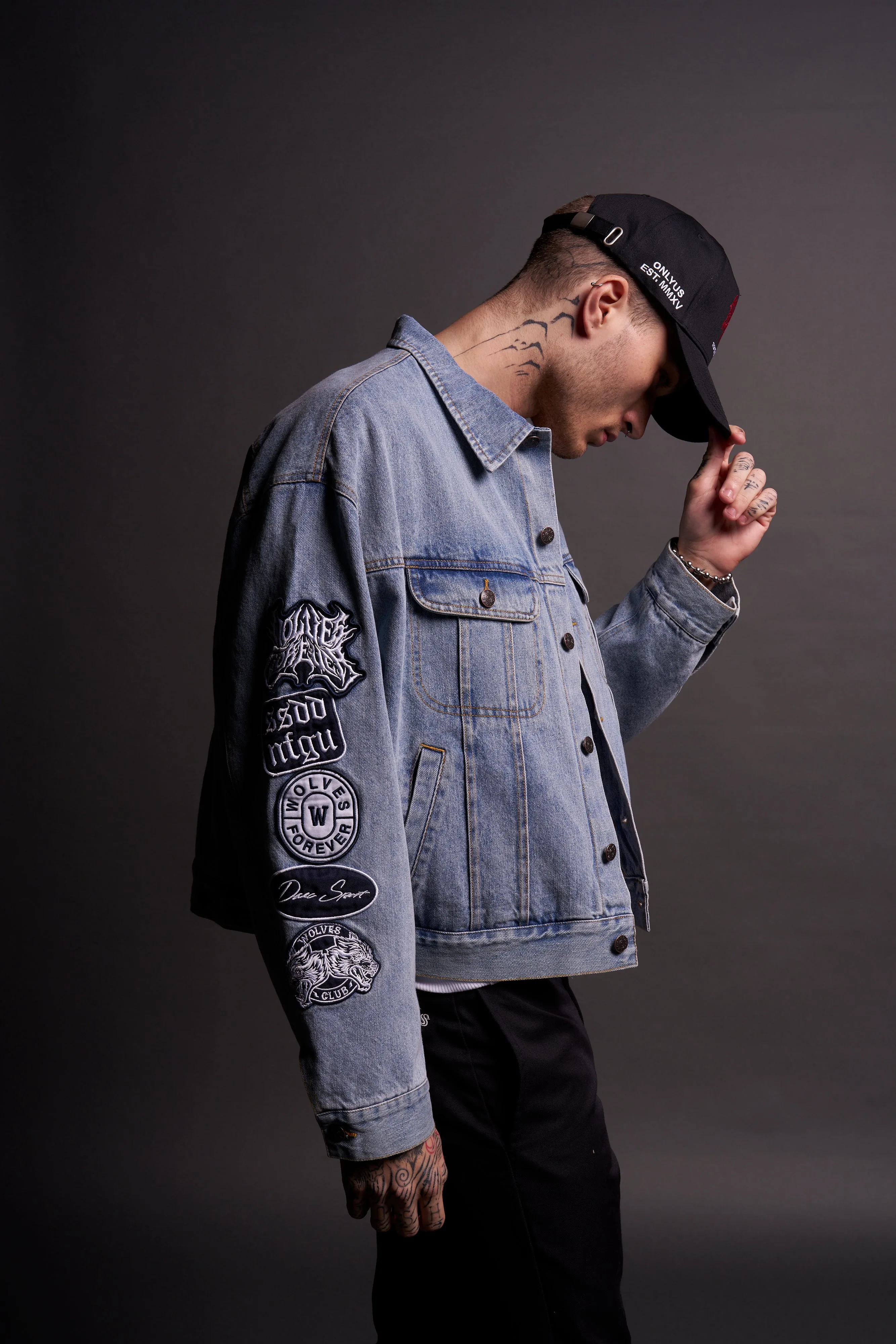 Patched Chopper Cropped American Denim Jacket in Denim