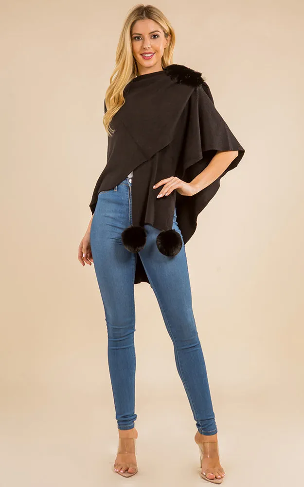 SH4224 Solid Color Fur Shawl with PomPom & Loop