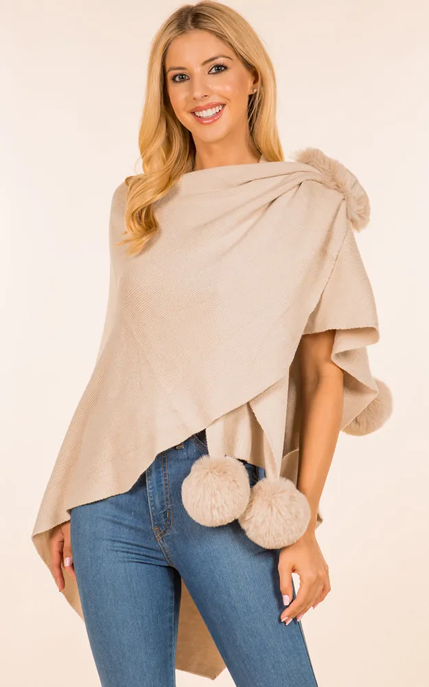 SH4224 Solid Color Fur Shawl with PomPom & Loop
