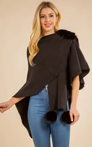 SH4224 Solid Color Fur Shawl with PomPom & Loop